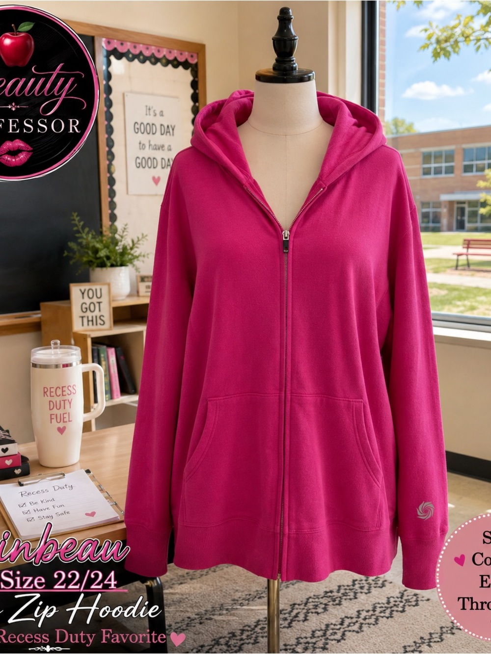 💞 Rainbeau Hot Pink Zip Hoodie 22/24 Plus Size Teacher Recess Duty Jacket